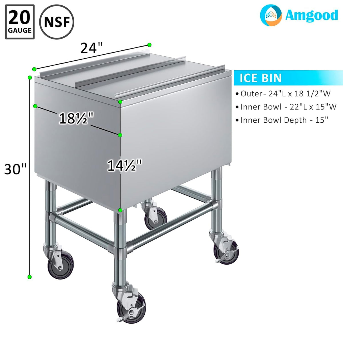 18 in. x 24 in. Stainless Steel Mobile Ice Bin with Sliding Lid – Insulated, with Bottle Holders & Casters