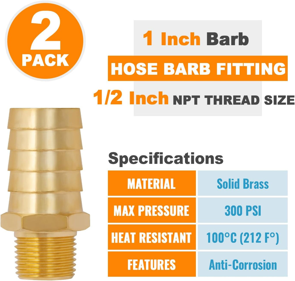 SUNGATOR 1/2" NPT to 1" Barb, Hose Barb Fitting, Air Hose Fitting, 2-PCS