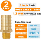 SUNGATOR 1/2" NPT to 1" Barb, Hose Barb Fitting, Air Hose Fitting, 2-PCS