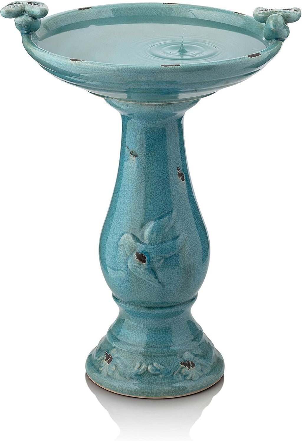 25" Tall Outdoor Ceramic Antique Pedestal Birdbath with 2 Bird Figurines, Turquoise