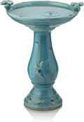 25" Tall Outdoor Ceramic Antique Pedestal Birdbath with 2 Bird Figurines, Turquoise