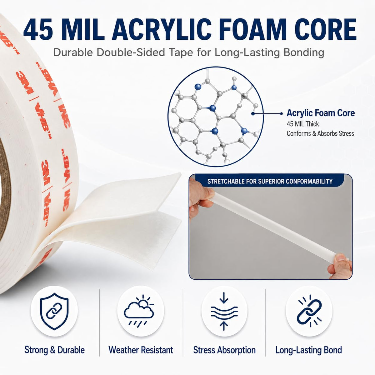 3M Double Sided Tape Heavy Duty 1/2''×10Ft Removable Mounting Tape for Wall