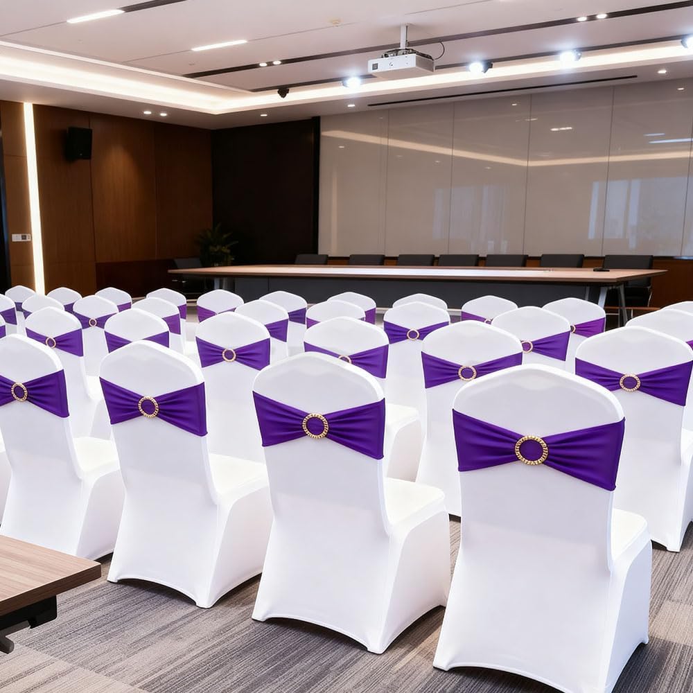 Purple Chair Sashes 50 Pack with Gold Buckle Slider, Spandex Chair Bows Bands for Folding Chairs Wedding Party