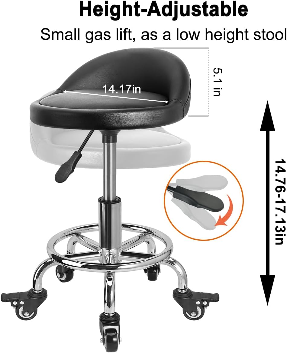 Rolling Stool Low Roller Seat PU Leather, Rolling Chair Height Adjustable, Garage Stool with Wheels for Manicure
