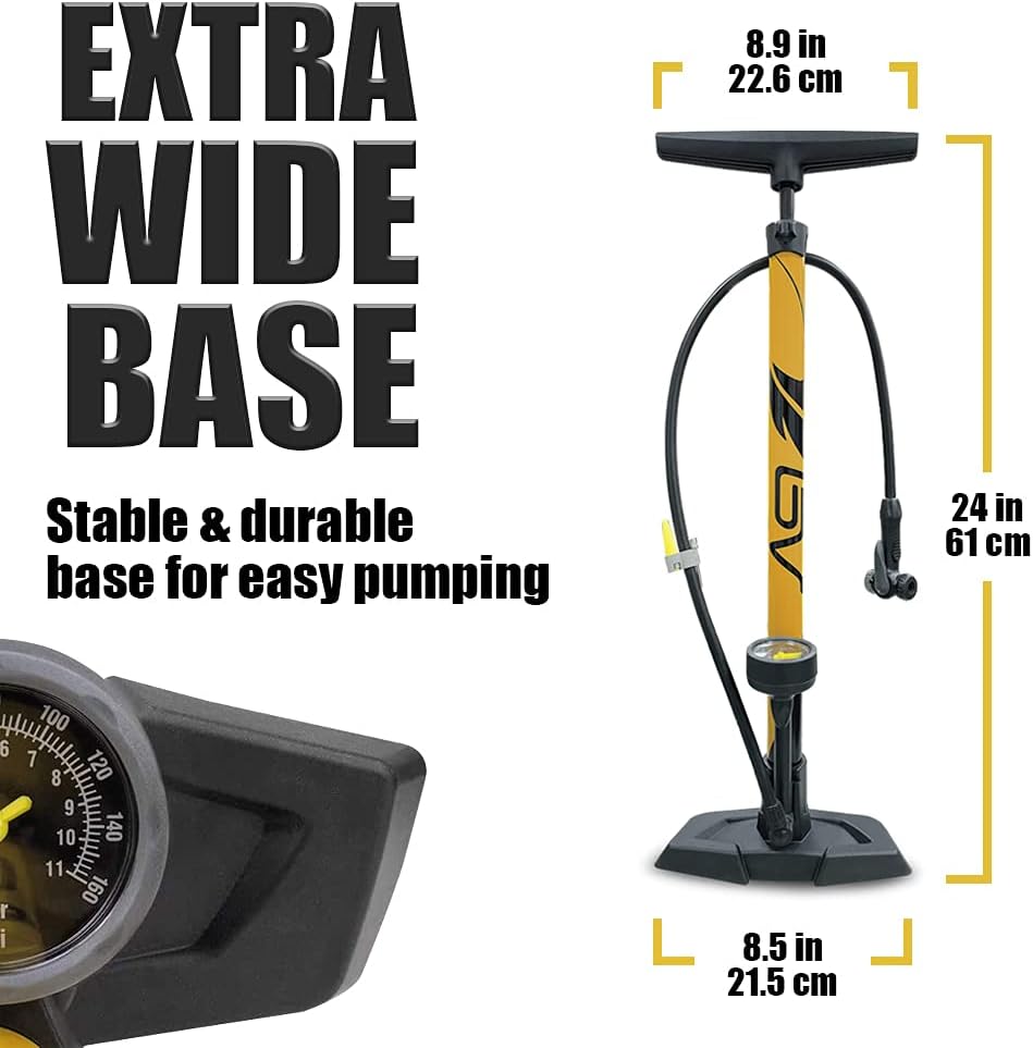 Bicycle Pump Durable Bike Floor Pump 17/24 inch Smart Valve Head, 160 psi, Automatically Reversible Presta and Schrader