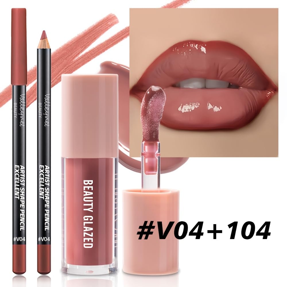 2Pcs/Set Lip Gloss & Lip Liner Set Mocha Brown – Lip Plumping Effect Lip Combo Set for Volume Lips, Fuller Looking