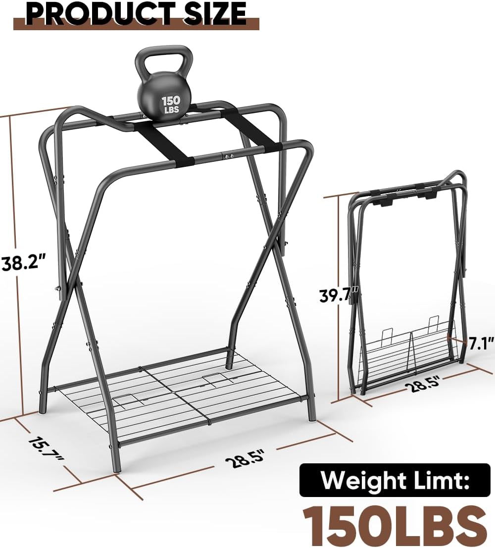 Foldable Saddle Rack with Bottom Storage for Horse Stable, Black