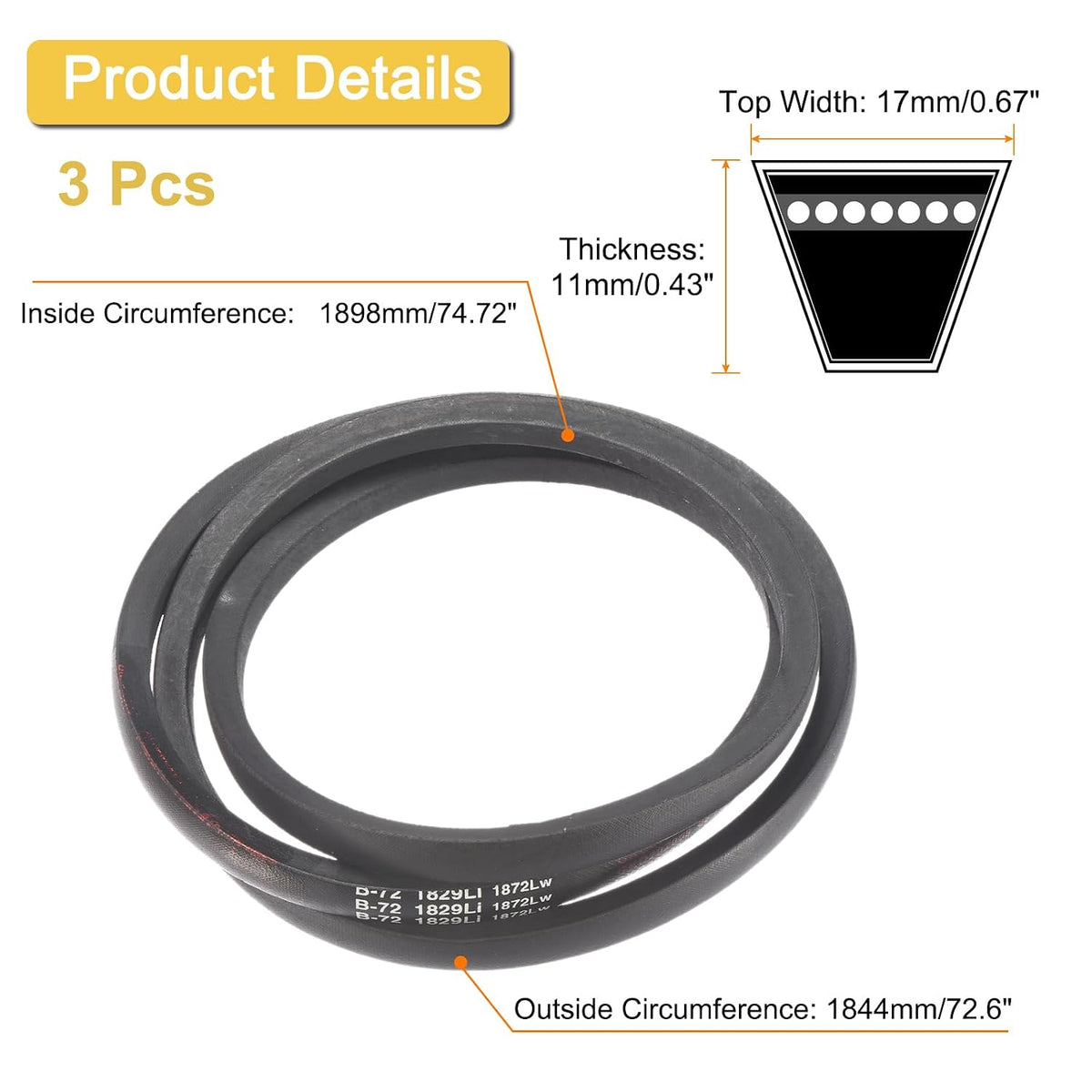 uxcell 3pcs B72 Classic Wrapped V-Belt, 75" Outer Circ B Profile V-Belt