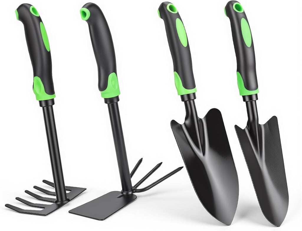 4-Piece Garden Tool Set, Heavy Duty Gardening Hand Tools with Soft Rubber Handle,Green,Premium Stailess Steel,Include