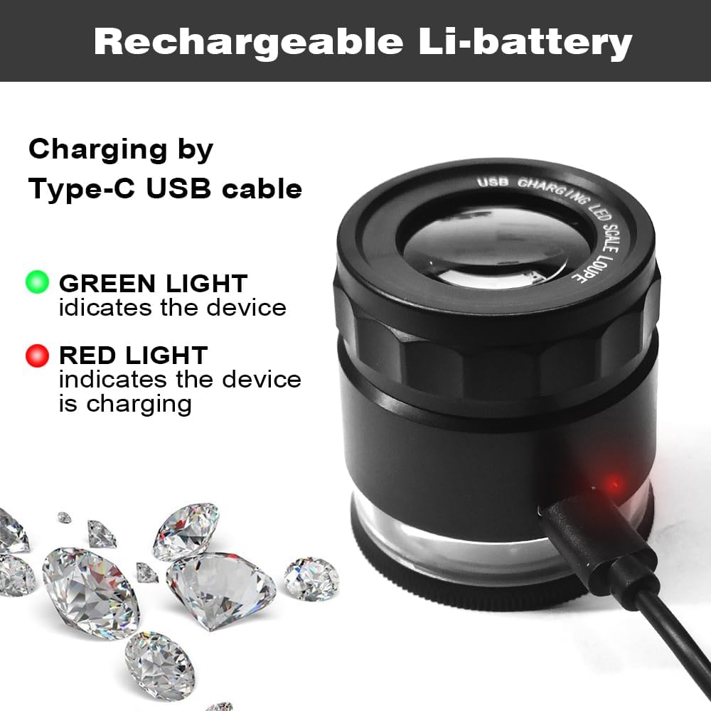 10x Loupe Magnifier Rechargeable Jewelers Loupe with UV and LED Lights, Illuminated Eye Loop Adjustable Focus Jewelry