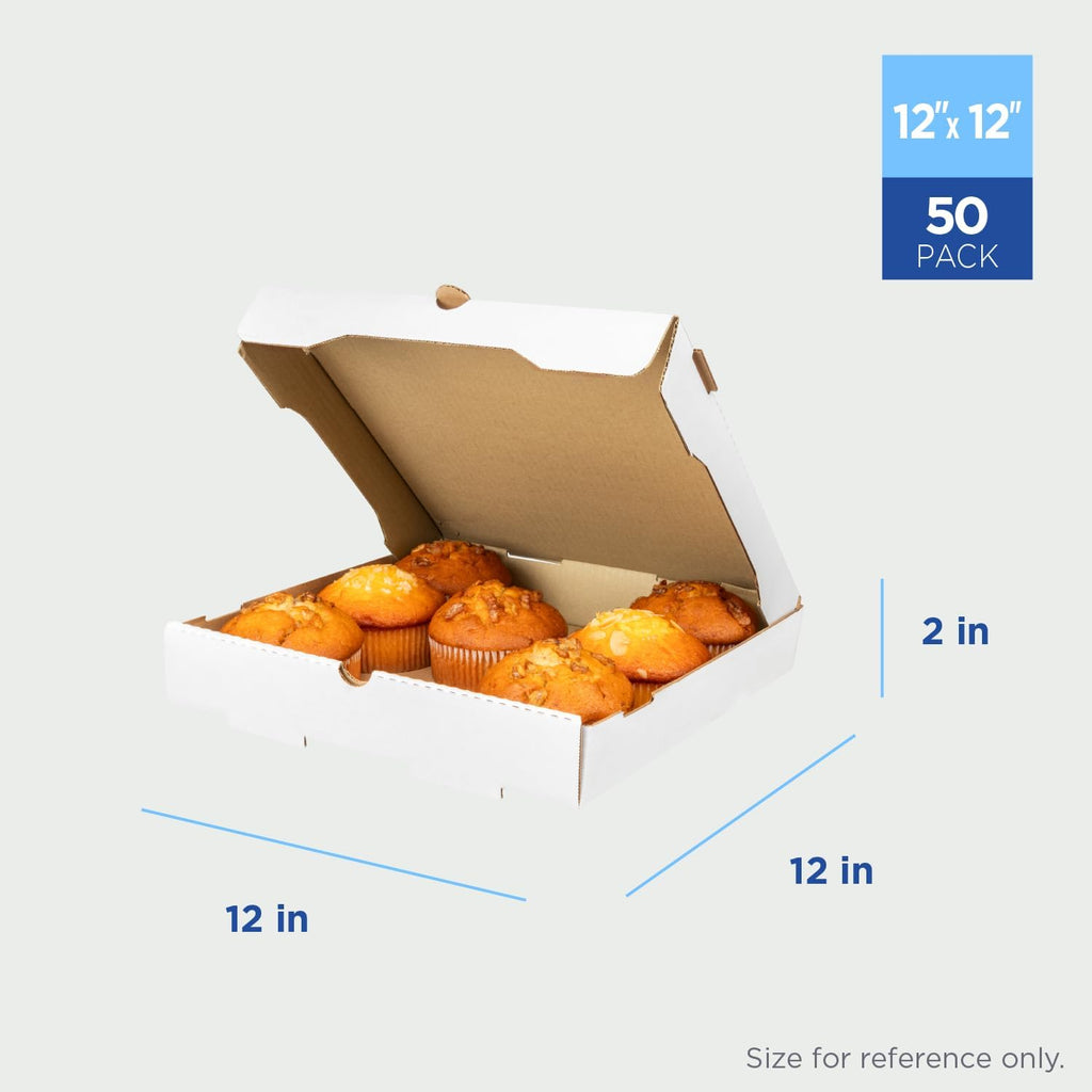 Pizza Boxes 12" x 12" x 2" [50 Pack] White Corrugated Boxes | Ventilated, Grease-Resistant, Durable for Pizza