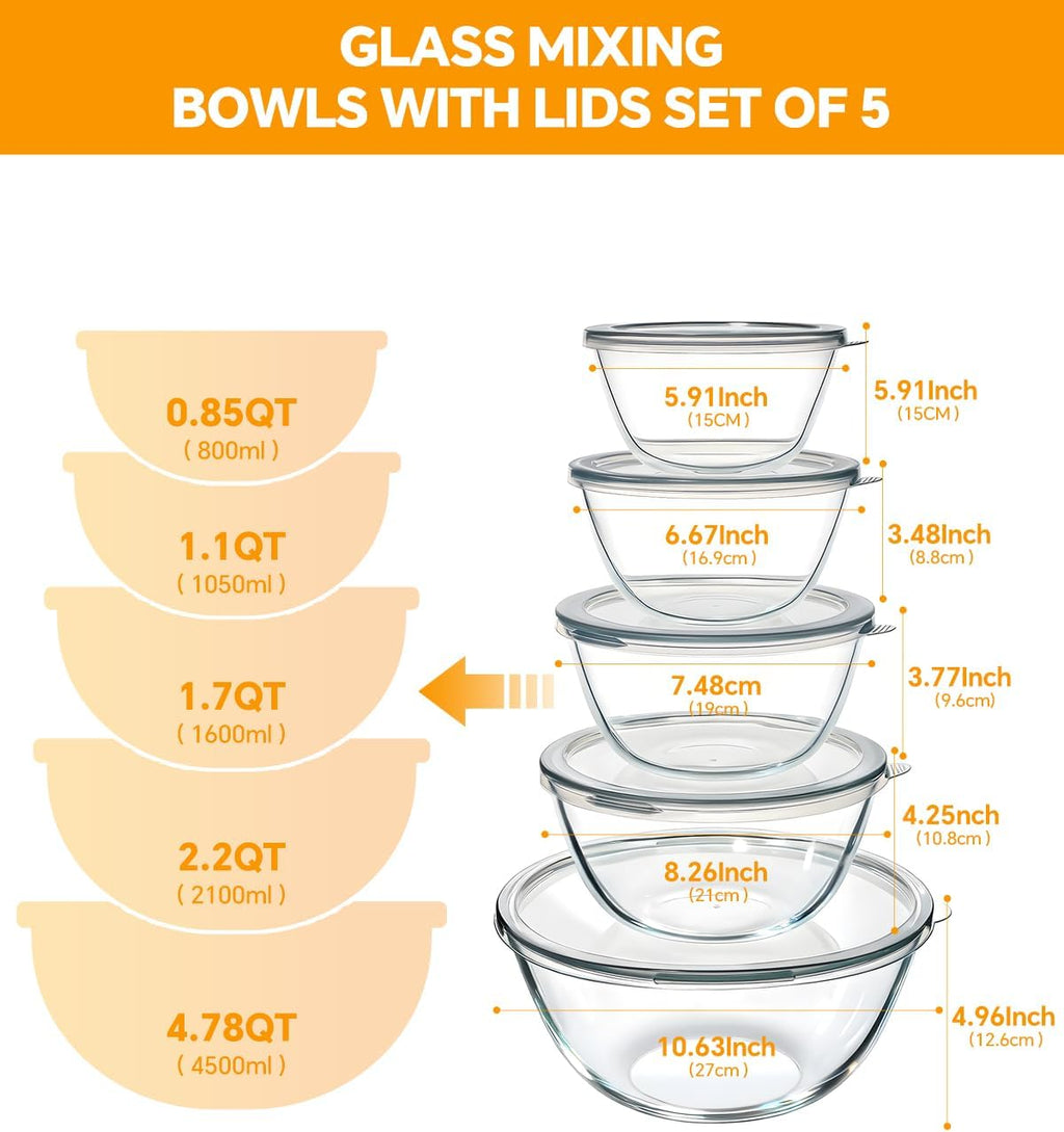 Glass Mixing Bowls with Lids Set of 5(4.78QT,2.2QT,1.7QT,1.1QT,0.85QT),Thick Glass Nesting Bowls for Kitchen