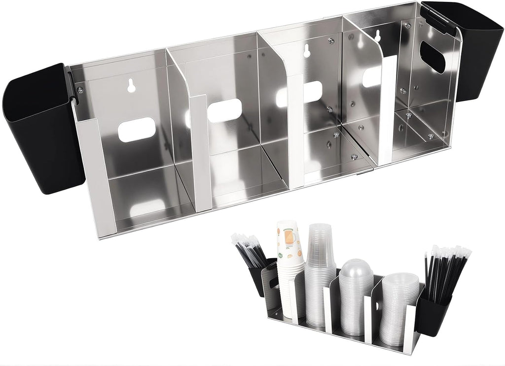 Stainless Steel Cup and Lid Holder, 4-Compartment Cup Dispenser
