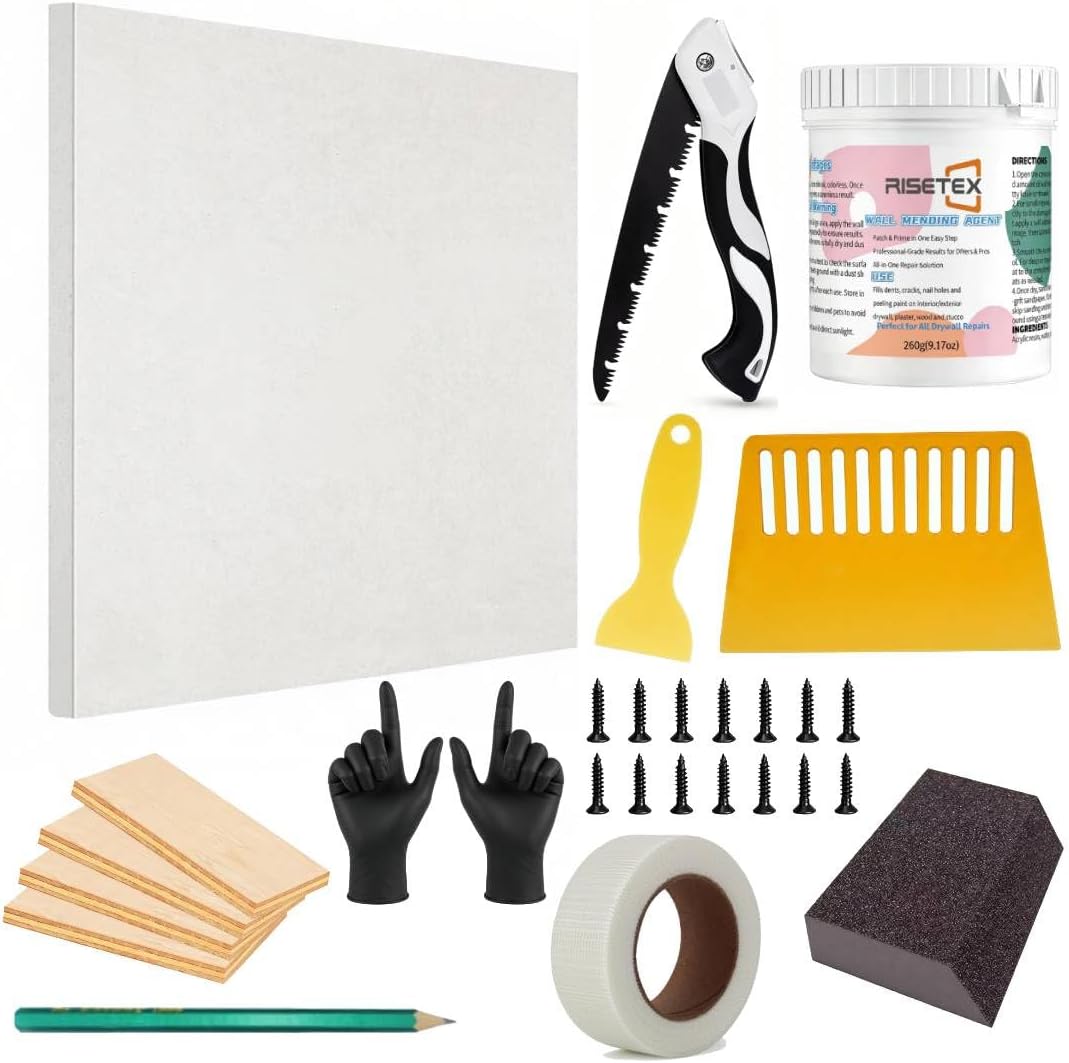 Drywall Repair Kit，34 Pcs 12x12inch Wall Patch Kit with Saw& Wood Boards | Drywall Patch Kit for Large