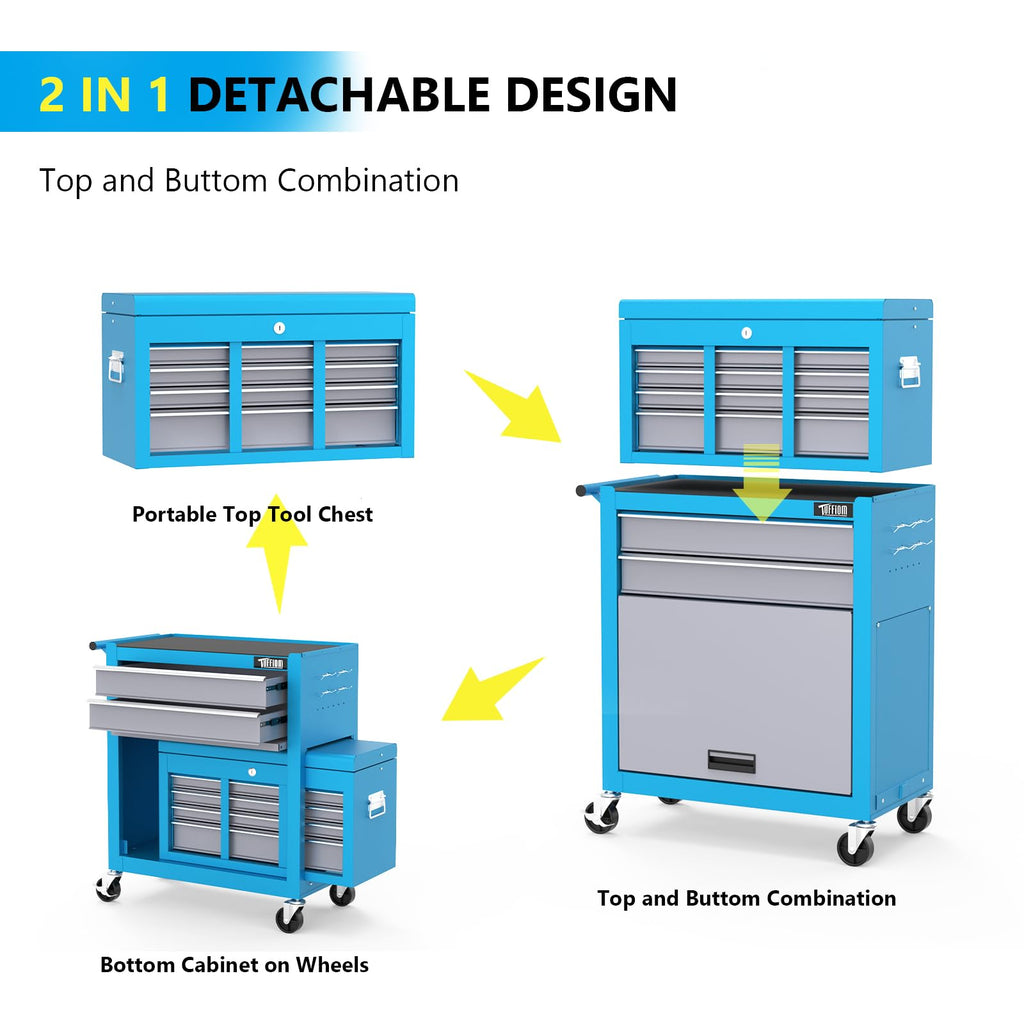 8-Drawer Rolling Tool Chest, Tool Storage Cabinet w/Lockable Wheels, Detachable Top, Drawers & Side Hooks, Mechanic