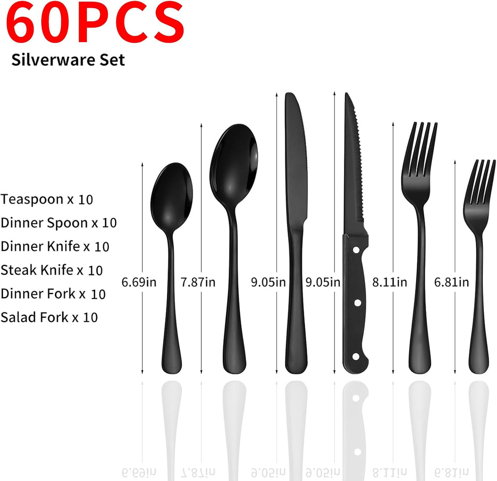 60-Piece Black Silverware Set with Steak Knives Black Stainless Steel Flatware Set for 10 Food Grade Tableware