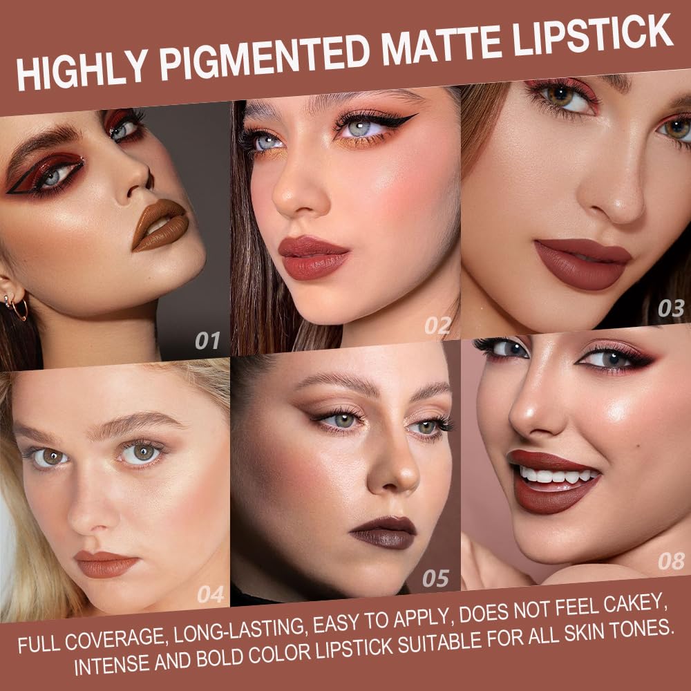 6Pcs Warm Red Brown Nude Maroon Dark Wine Gradient Matte Lipstick Lip Liner Crayon Combo Pencil Set for Women