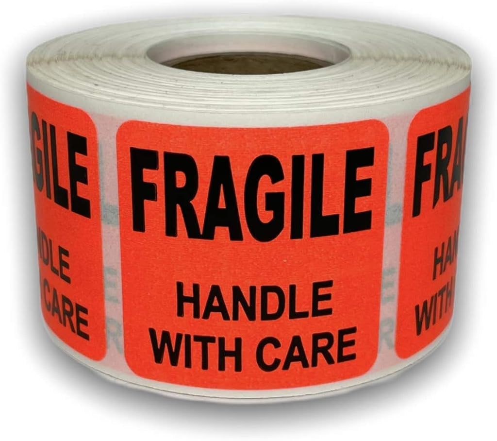 Fragile Handle with Care Labels, 1.5 x 1.5 Inch Red Square Shipping Stickers, Peel and Stick Warning Labels, 2 Rolls