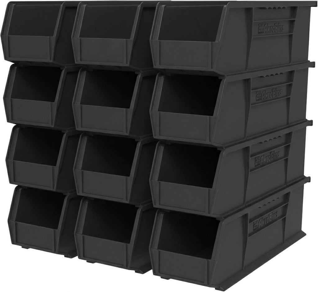 30234 AkroBins Plastic Storage Bins, 15"x5"x5", Black, 12-Pack | Space-Saving Stackable Bins for Garage, Pantry