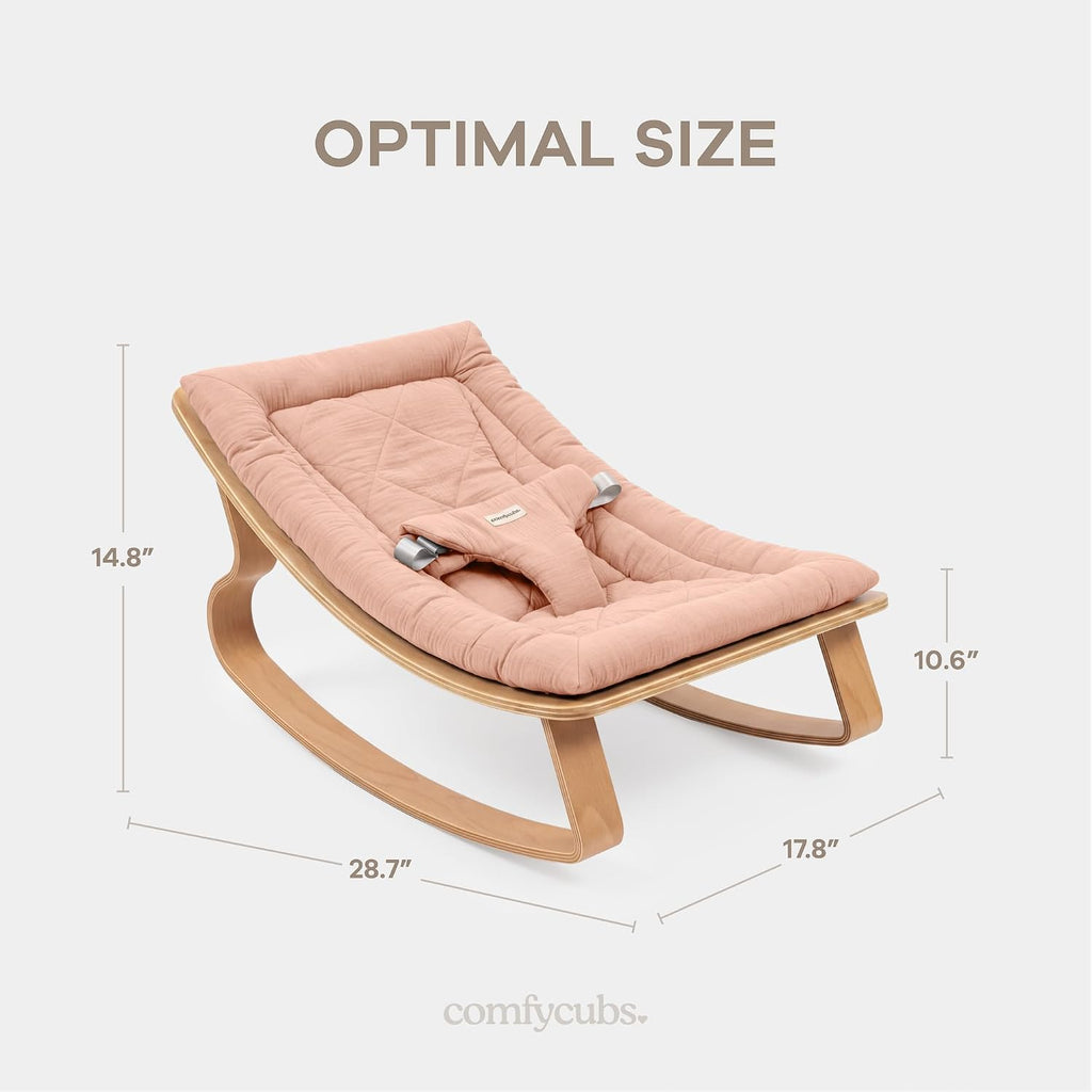 Baby Rocker for Ages 0-24 Months - Wooden Baby Recliner with Soft Removable Quilted Muslin Cotton Cushion - Designed