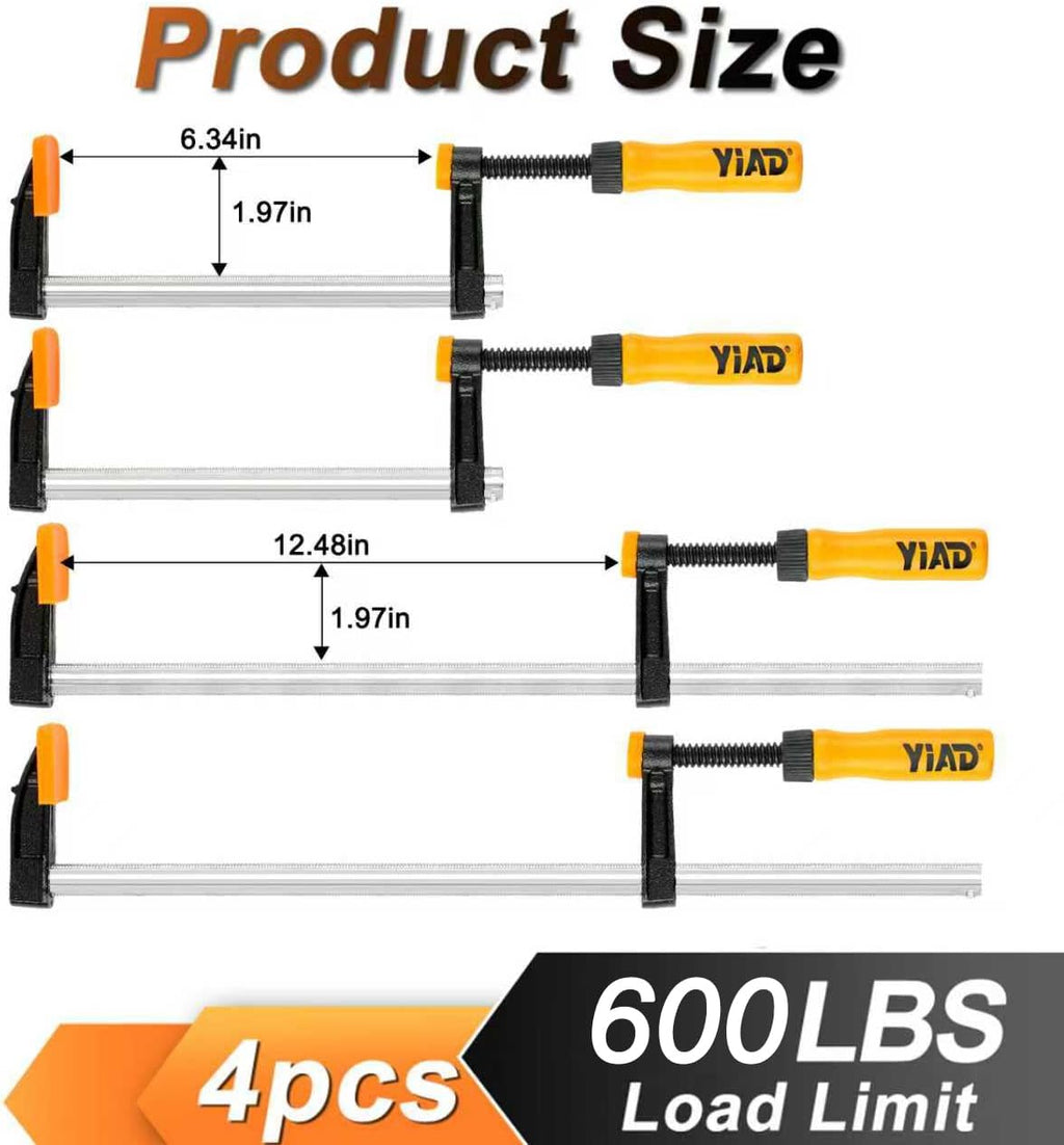 Steel Bar Clamps Set, 6" & 12" F Clamps for Woodworking, 300-600Lbs Load | Clamps for Cabinet Making, Heavy Duty