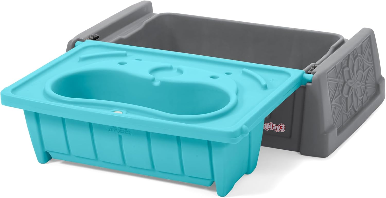 Sand and Water Kids Bench, 2-in-1 Sand and Water Table with Outdoor Storage Bench, Gray and Teal