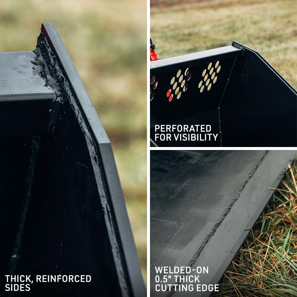 72" High Capacity Skid Steer Bucket, 42 Cu Ft Struck Capacity, Universal Quick Tach, 0.5" Thick Cutting Edge