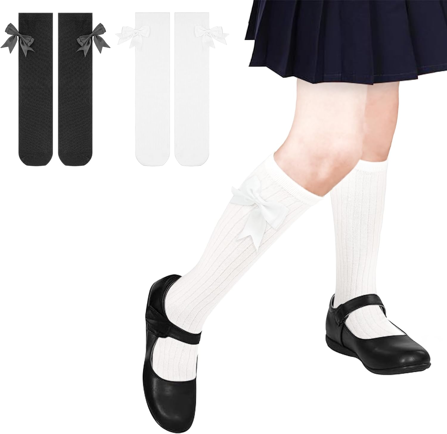 Girls Socks, 2 Pairs Girls Knee High Socks with Bows 4-12 Years | Soft Cotton, School Uniform Long Socks, Breathable