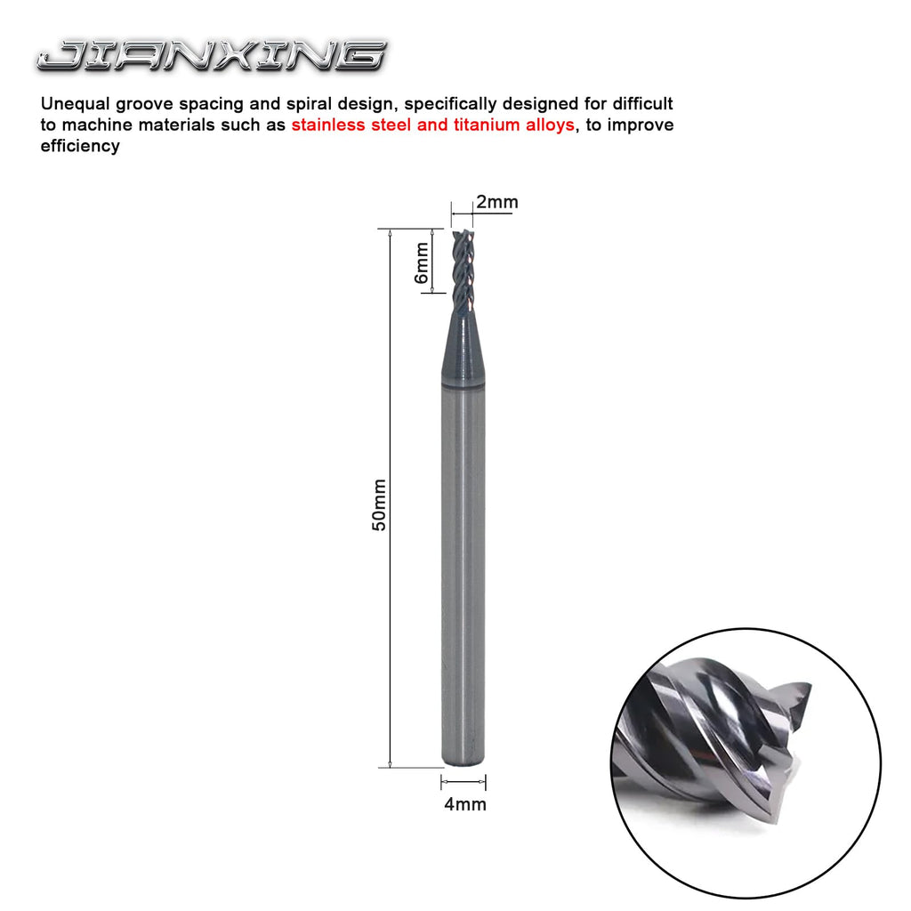 JIANXING 2mm 4-Flute Carbide Square End Mill, 50mm OAL, 3 Pcs