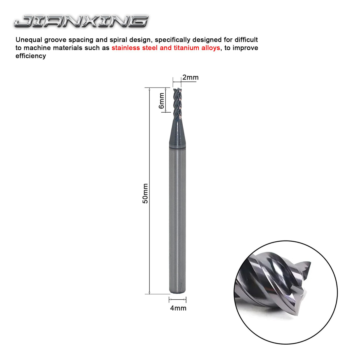 JIANXING 2mm 4-Flute Carbide Square End Mill, 50mm OAL, 3 Pcs