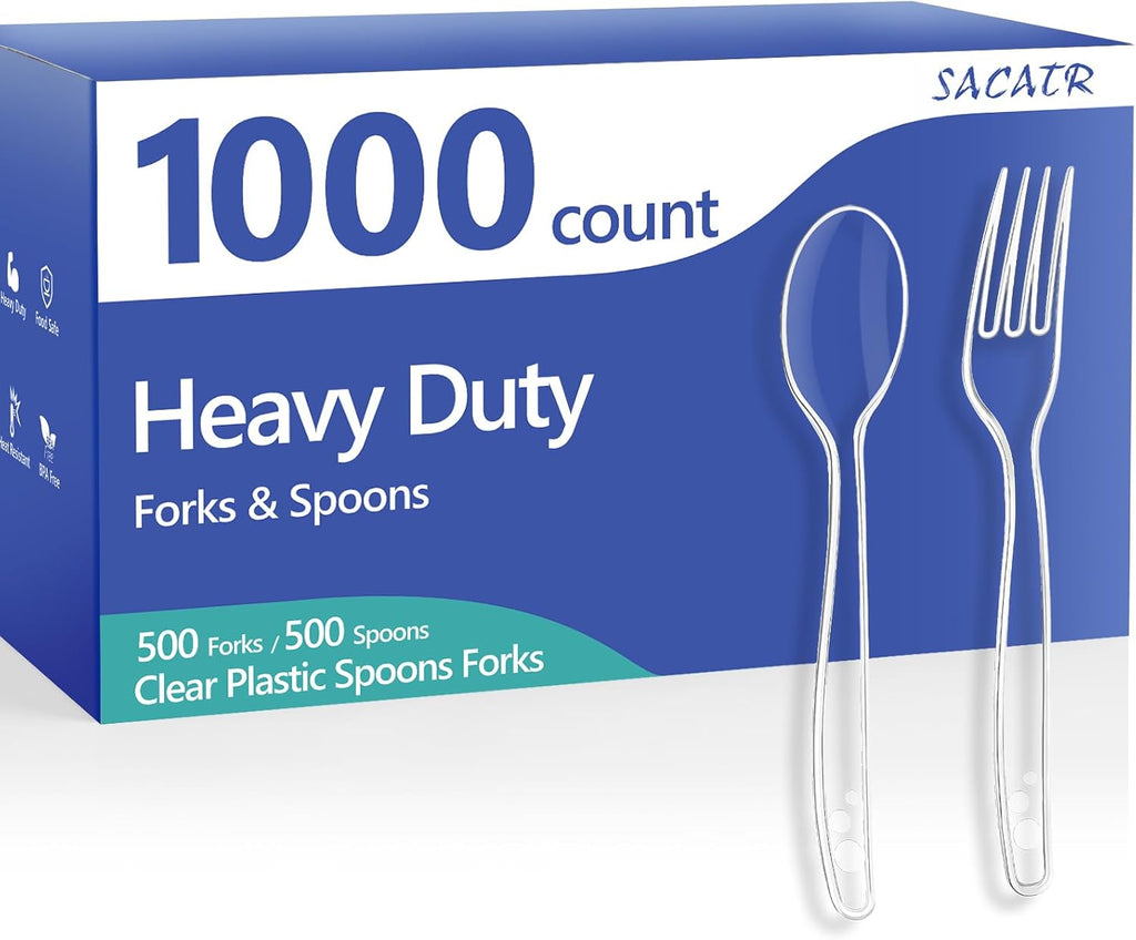 1000 Count Clear Plastic Silverware Heavy Duty -Forks, Spoons