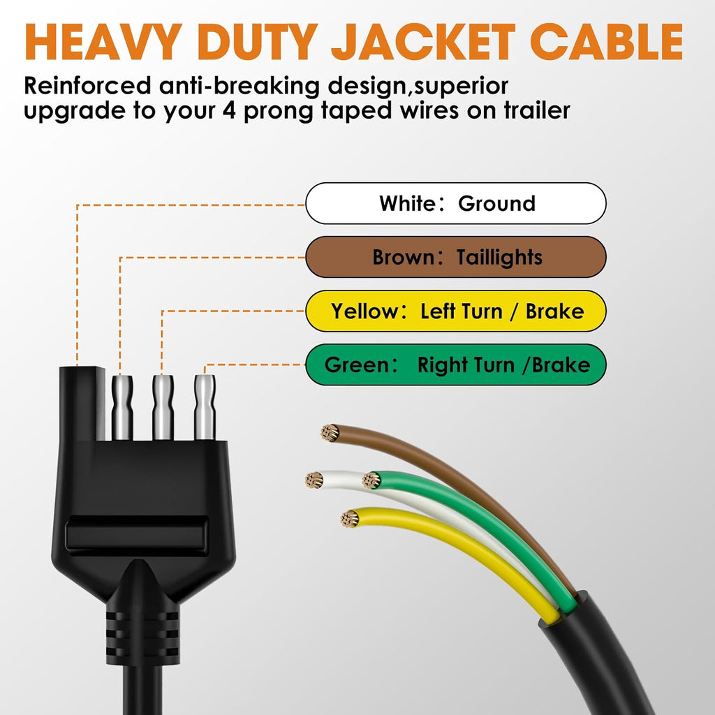 4 Way Trailer Wiring Harness 5FT Jacketed Cable, 16AWG 4 Pin Flat Trailer Extension Connector Trailer Wire 4 pin