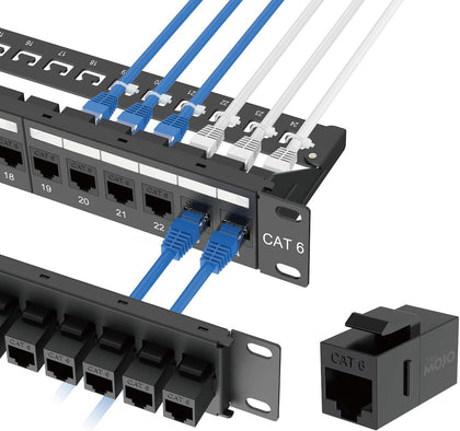 UL Listed 24-Port Cat6 UTP Patch Panel with Inline Keystone Couplers, 19-Inch 1U Rack Mount with Removable Back Bar