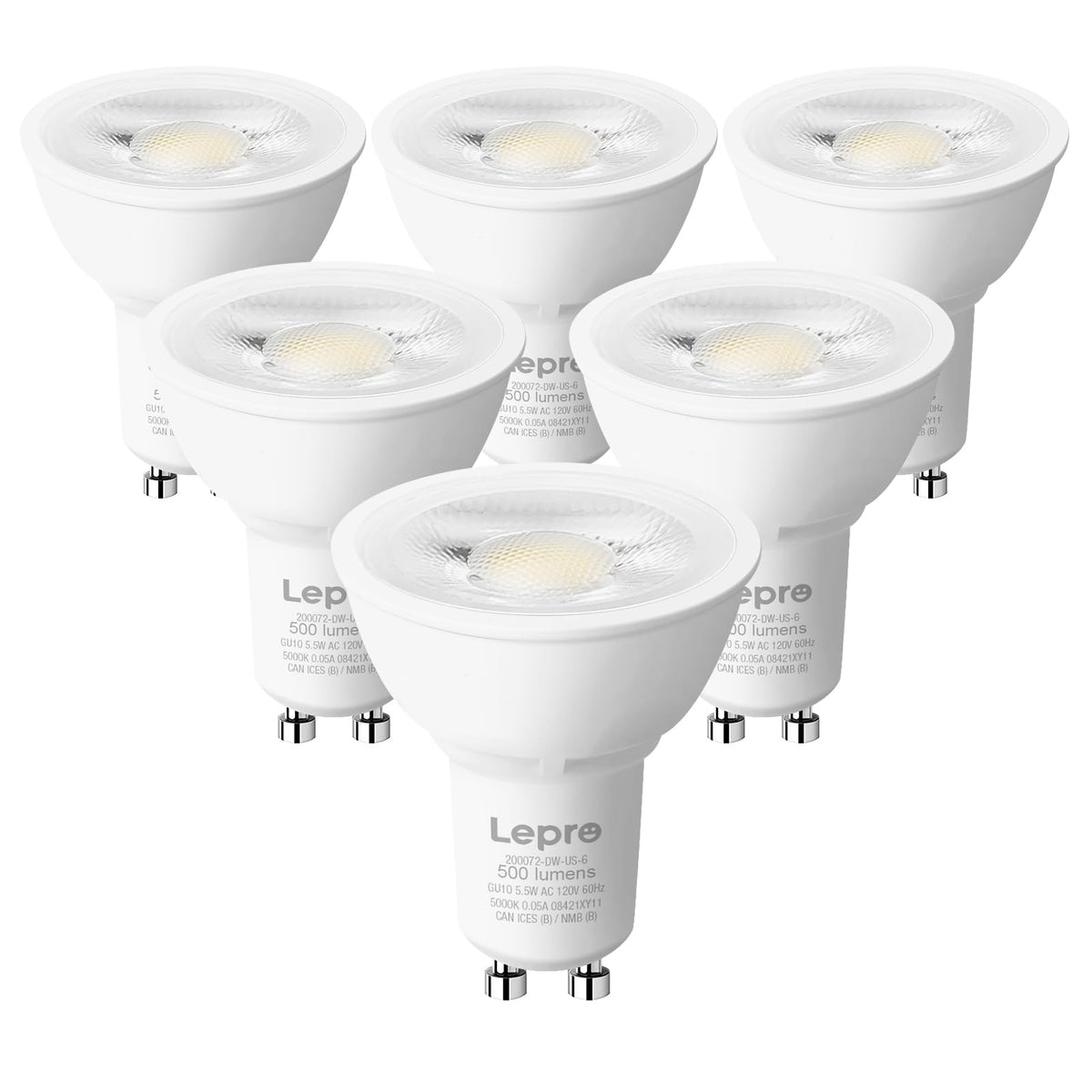 Dimmable GU10 LED Light Bulbs 5.5W 500LM 5000K Daylight White 6 Pack
