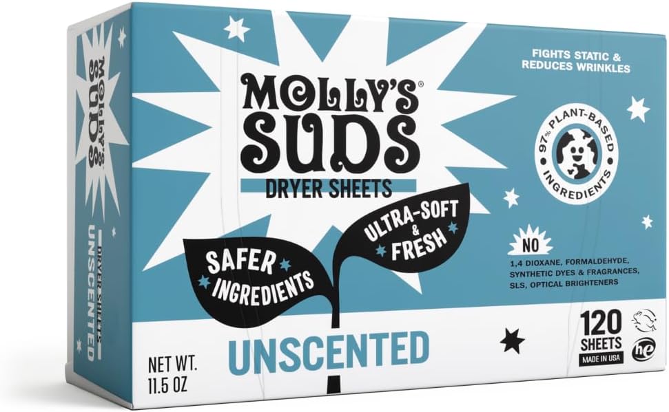 Fabric Softener Dryer Sheets for Sensitive Skin | Plant-Based Static Reducer, Plastic-Free Packaging | Unscented (120