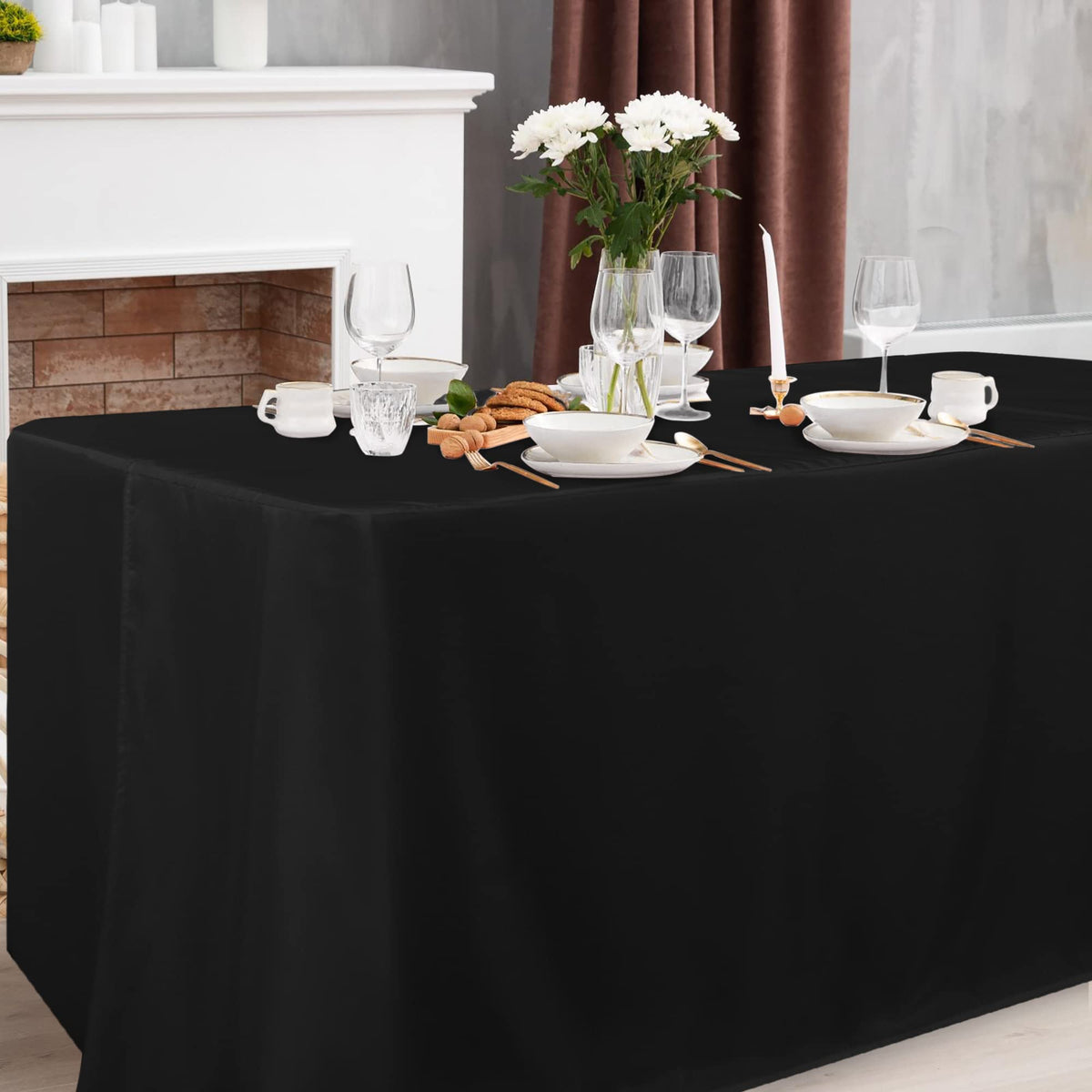 Black Tablecloth Fitted for 6ft Rectangle Table - Water Resistant Polyester Table Cover for Indoor/Outdoor Use, 72x30
