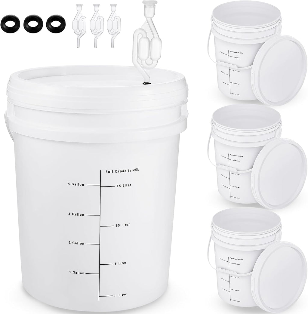 4 Pcs White 6.5 Gallon Fermentation Bucket with Twin Bubble Airlock Grommets Lid Brewing Wine Fermenter Fermentation