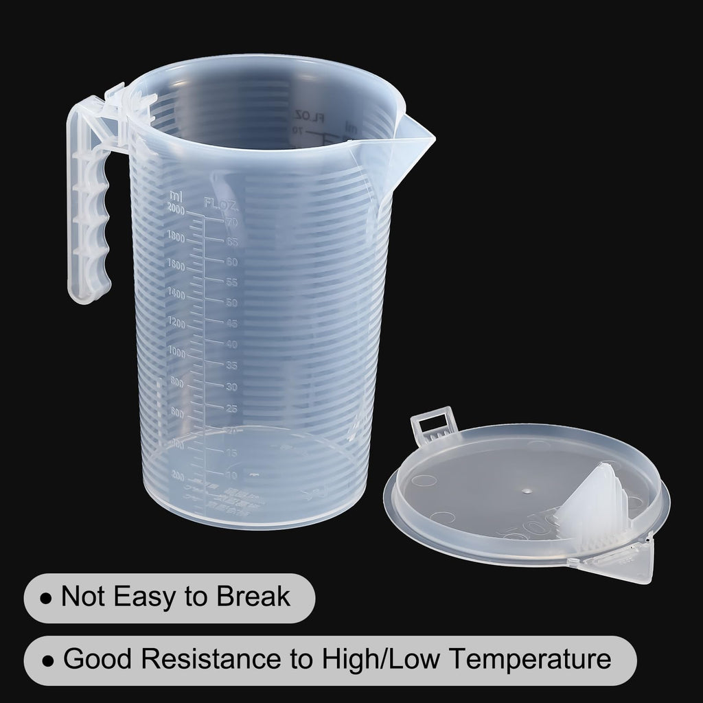 Graduated Beaker, 2000ml PP Plastic Liquid Measuring Cup Double Sided Black Graduations with Handle Lid and Spout for