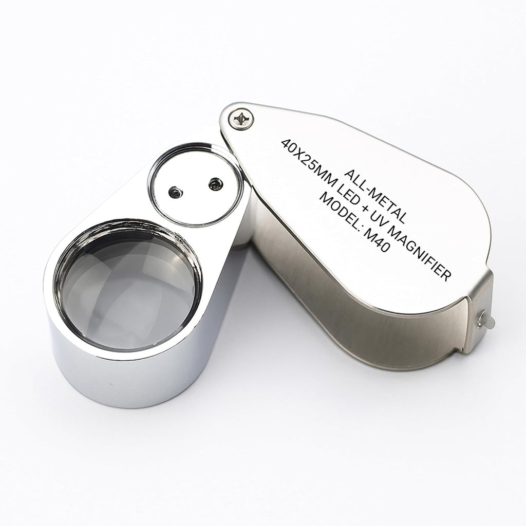 40X Jewelers Loupe with Light, UV Lighted Magnifying Glass Eye Loop, LED Illuminated Metal Pocket Magnifier for