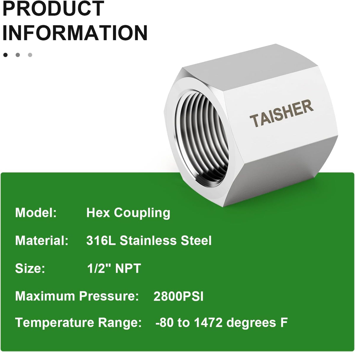 TAISHER 2PCS Forging of 316L SS Hex Coupling, 1/2" NPT Female Pipe Fitting