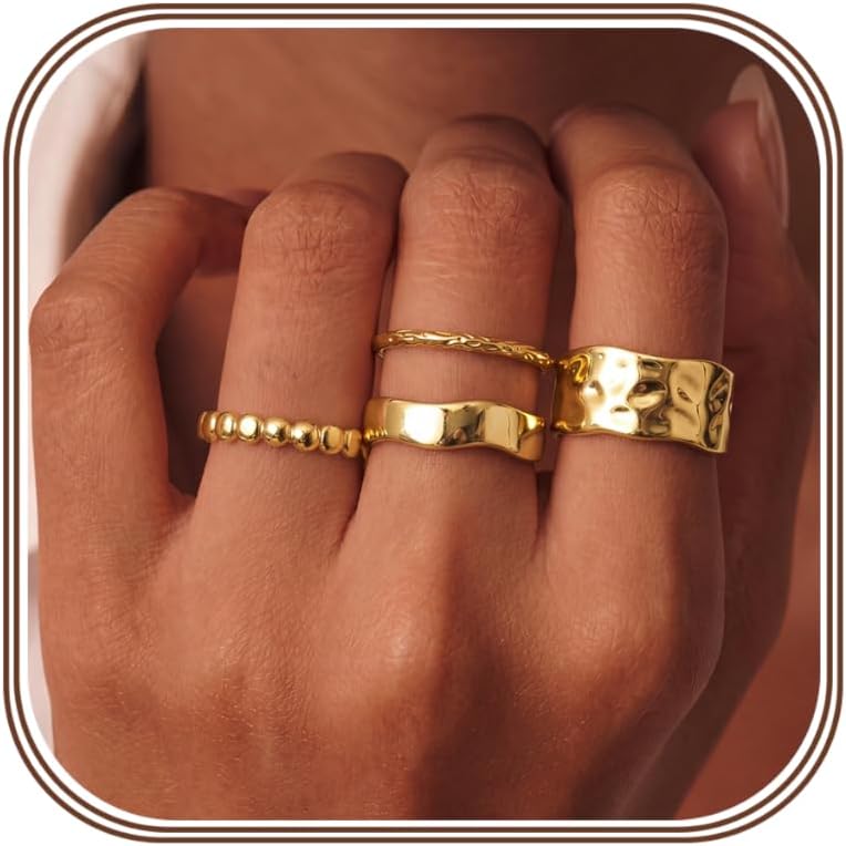 Chunky Gold Rings for Women Non Tarnish Dainty Stackable Silver Rings 14K Gold Plated Stacking Thumb Rings Set Trendy