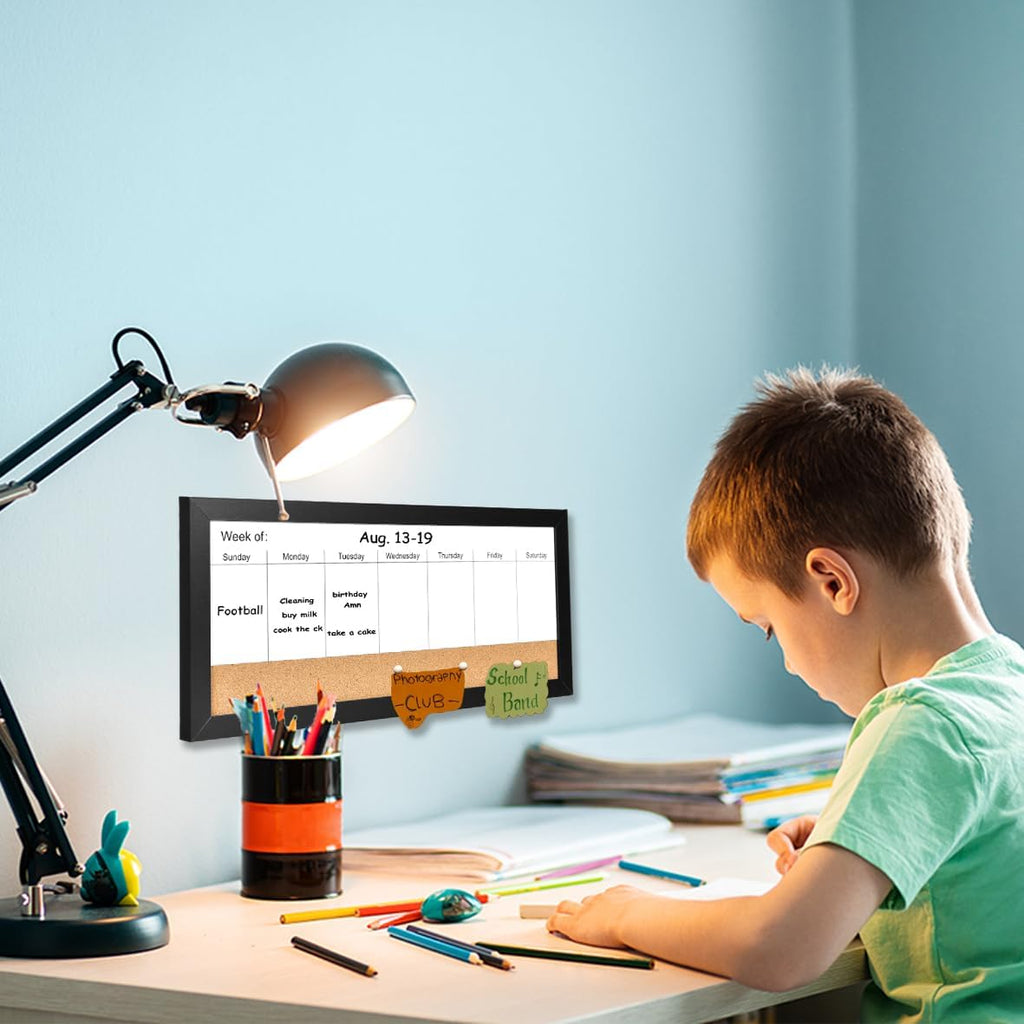 Magnetic Weekly Dry Erase White Board and Cork Board, Black Wood Frame，Magnetic Surface Whiteboard for Home Office