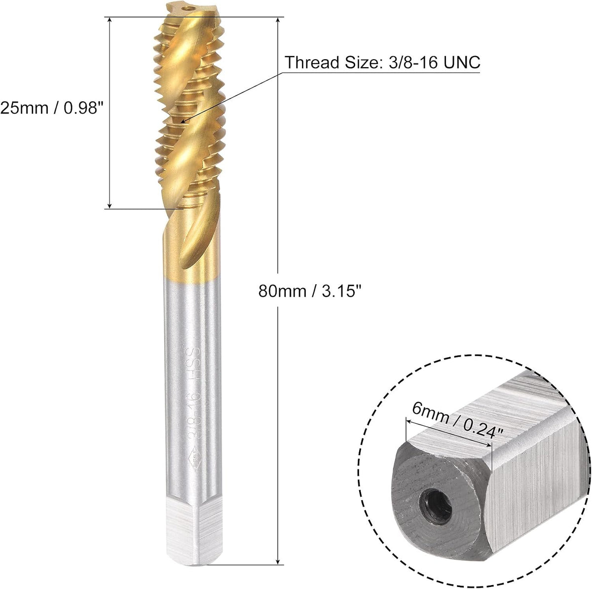 uxcell Spiral Flute Threading Tap 3/8-16 UNC, HSS (High Speed Steel) Titanium Plated Machine Thread Screw Tap 3 Flutes Tapping Tool H2 Tolerance