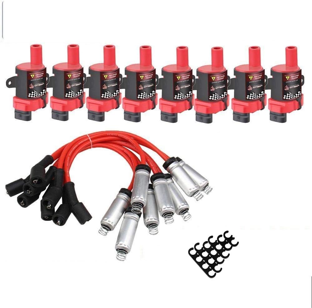 High Performance 8Pcs D585 UF262 Ignition Coils Pack Round Type + 8Pcs 8mm Spark Plug Wire Set Part Number 748UU