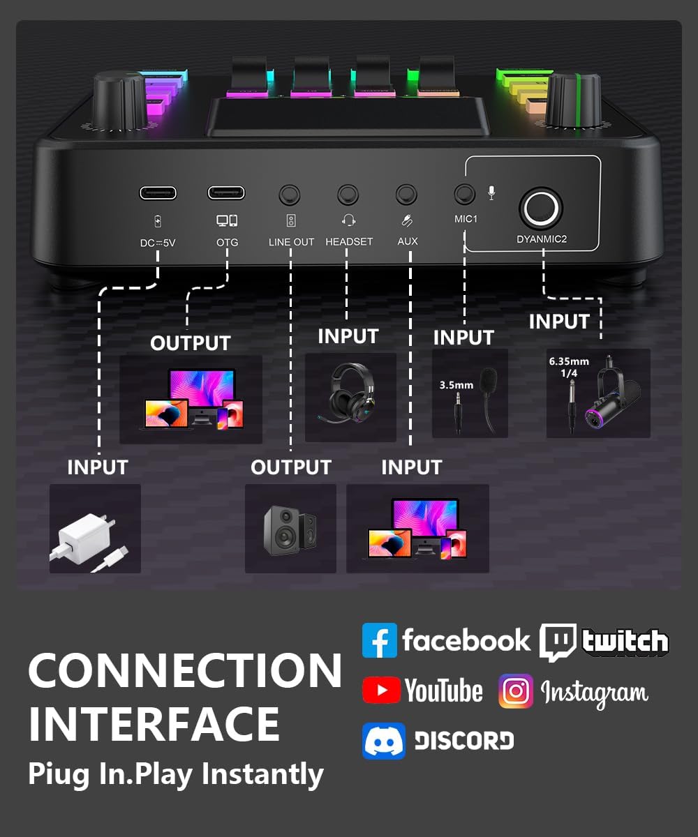 PUPGSIS Gaming Audio Mixer For Streaming, Sound Board for PC/Phone | 1/4" TRS Dynamic Mic