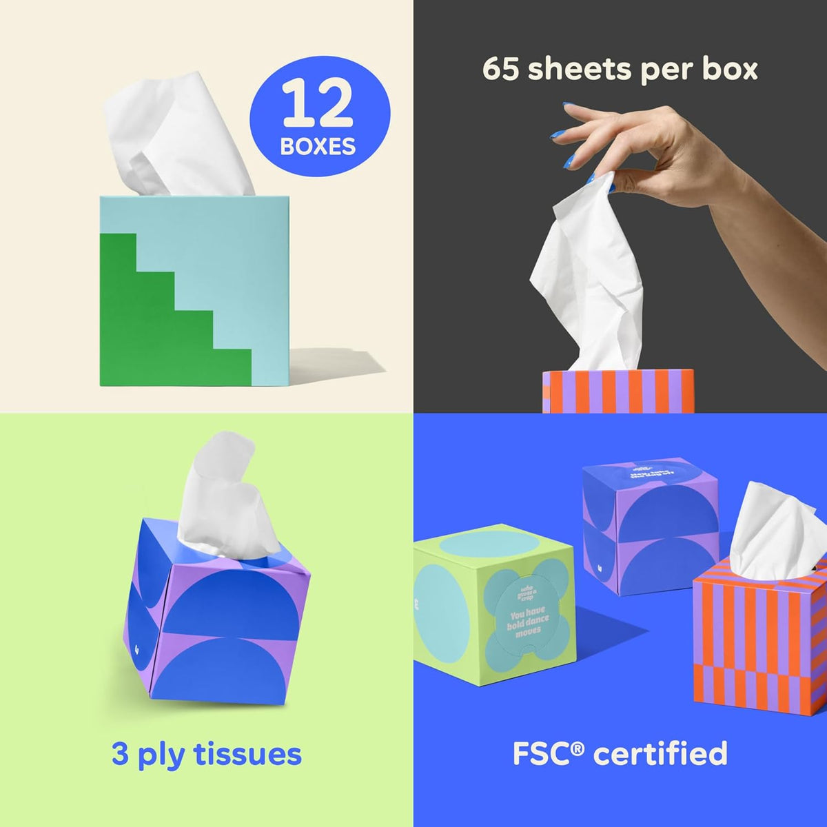 Bamboo Tissues, Facial Tissue Cube Boxes, 100% Bamboo, 3 Ply, 12 Boxes, 65 Sheets per Box, Soft, Strong, and