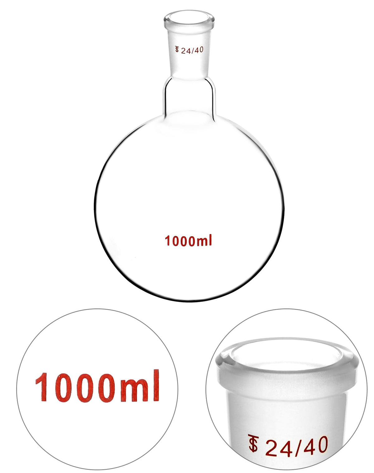 1000ml Borosilicate Glass Boiling Flask with 24/40 Standard Taper Outer Joint, Single Neck Round Bottom, 2 Pack