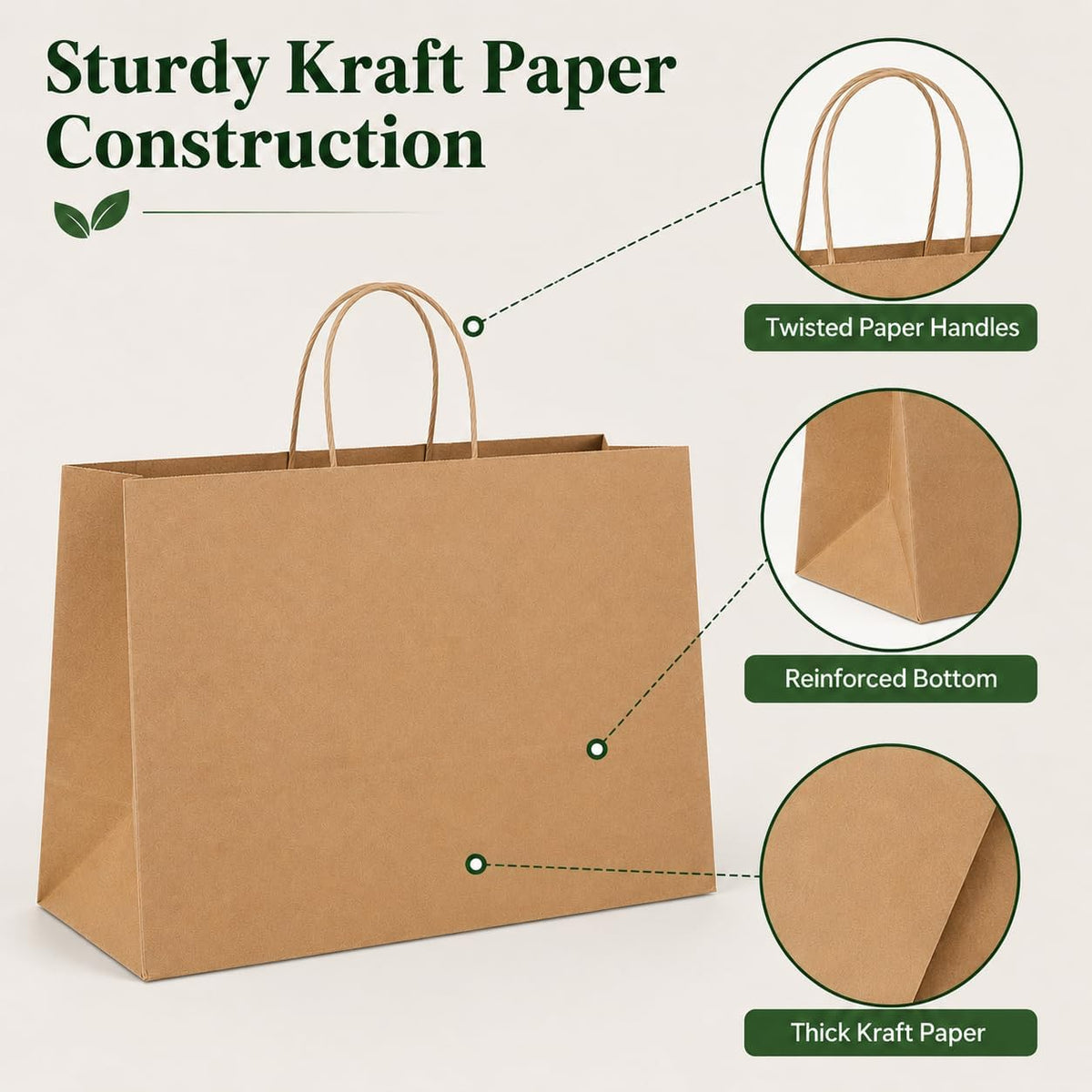 Large Brown Paper Bags with Handles Bulk 16x6x12 200 Pack