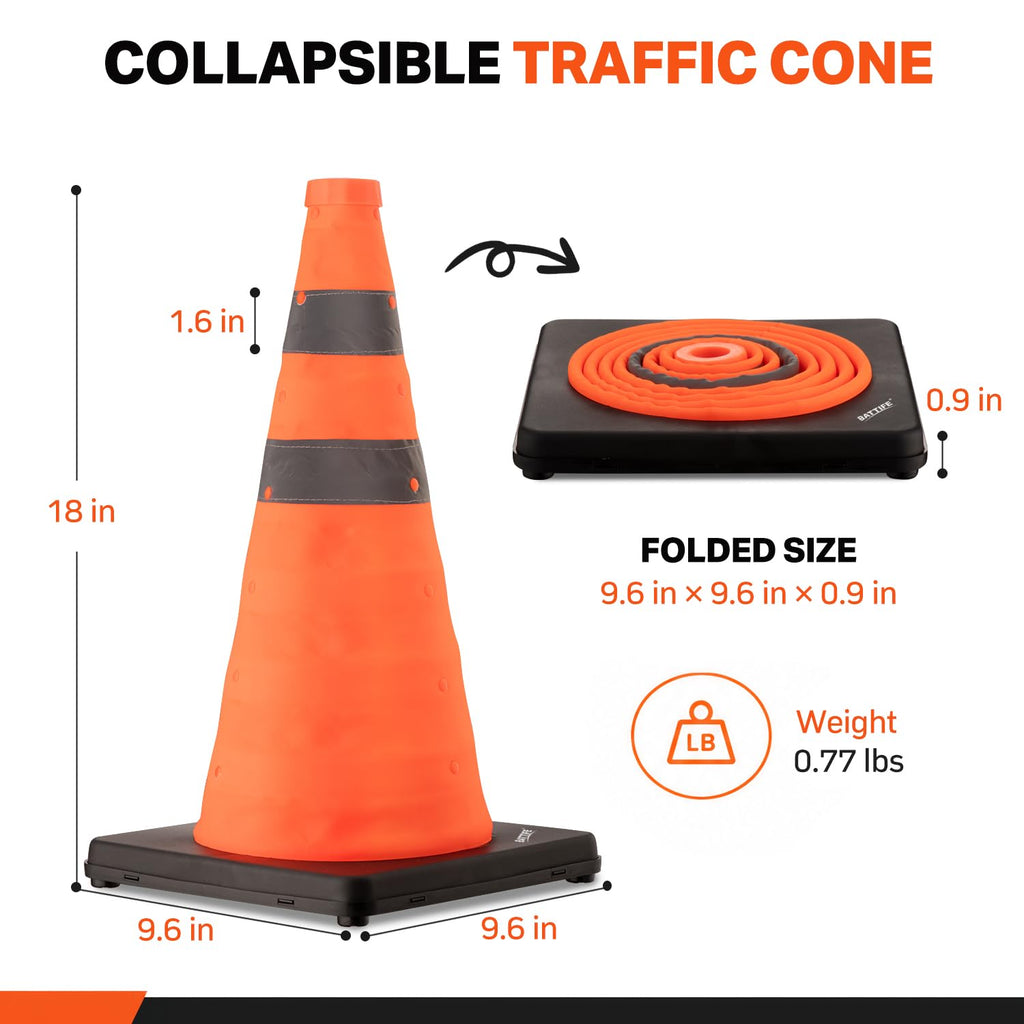 18 inch Collapsible Traffic Safety Cones Orange Plastic Base 2 Pack | Collapsible folds flat, reflective strips
