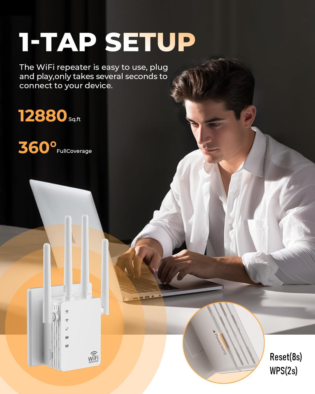 Dual Band 5GHz/2.4GHz WiFi Extender with Ethernet Port, 4 Rotatable Antennas WiFi Extender Signal Booster, WiFi